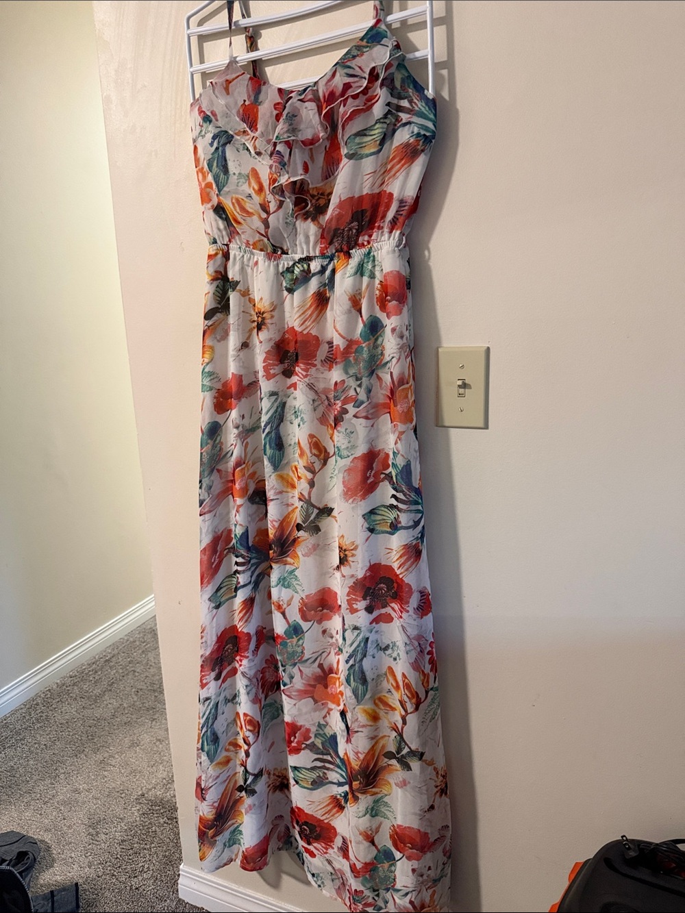 Floral Ruffle Maxi Dress - White with Red & Teal Floral Print